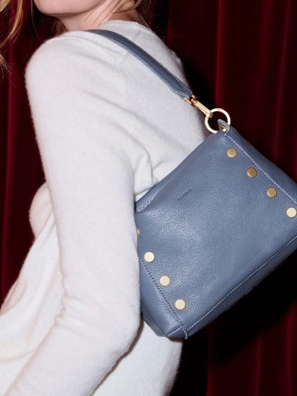 NWOT Hammitt Bluish Gray Leather Shoulder Bag with Gold Stud Accents MSRP$495 - Picture 3 of 15